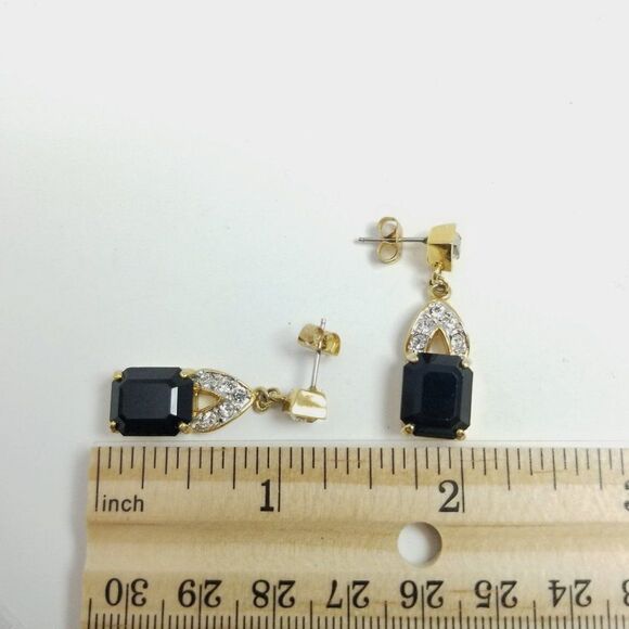 Vintage Black Rhinestone Stud Dangle Earrings, Retro Elegance, Gold Tone Setting - Picture 4 of 6